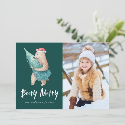 Schattigee Beary Merry Foto Feestdagenkaart (Staand voorkant)