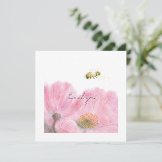 Schattigee Bee en Roze Bloemen Flat Dank u Kaart (Staand voorkant)