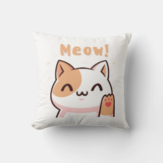 Schattigee Beige Cat met Meow Tekst Illustratie KU Kussen