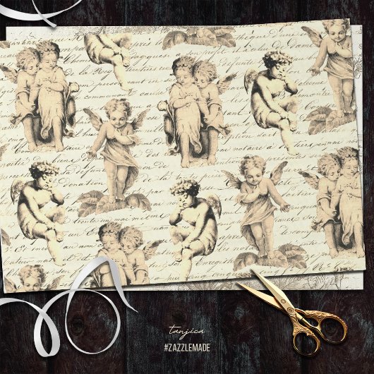 Schattigee Beige Cherub Angels Frans script Tissuepapier