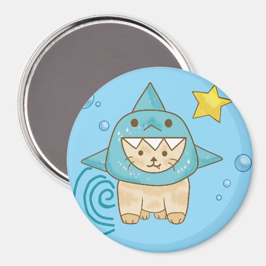 Schattigee beige kat in haaienkostuum aqua zee the magneet (Voorkant / Achterkant)