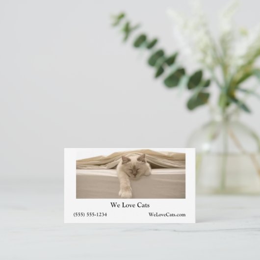 Schattigee beige kat slapen op beige bed visitekaartje (Staand voorkant)