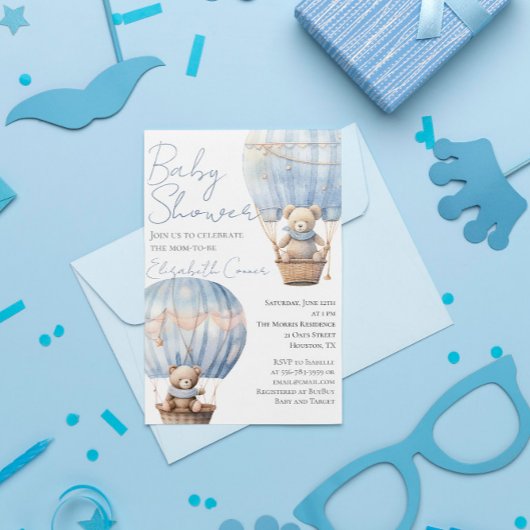 Schattigee Beren in Balloon Baby Boy Shower Invita Kaart