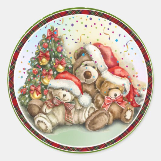 Schattigee Beren met kerstmuts en kerstboom Ronde Sticker (Voorkant)