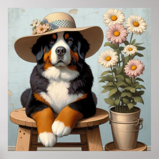 Schattigee Berner Berghond met Pet en Bloemen Poster (Voorkant)