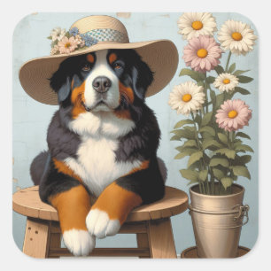 Schattigee Berner Berghond met Pet en Bloemen Vierkante Sticker