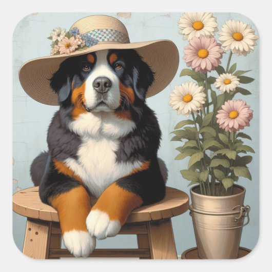 Schattigee Berner Berghond met Pet en Bloemen Vierkante Sticker (Voorkant)
