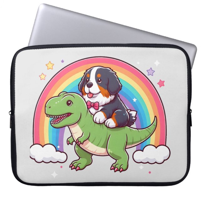 Schattigee berner berghond rijden t-rex dinosaurus laptop sleeve (Voorkant)