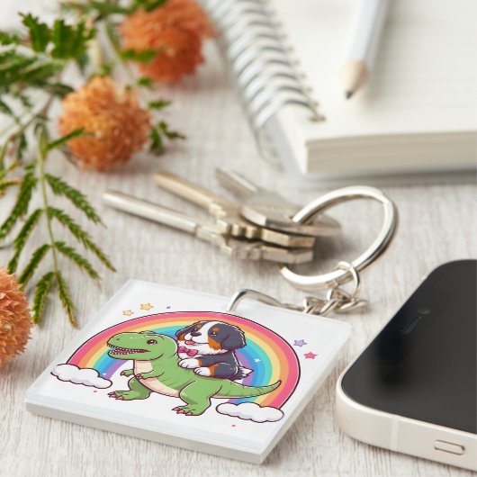 Schattigee berner berghond rijden t-rex dinosaurus sleutelhanger (Voorkant Rechts)