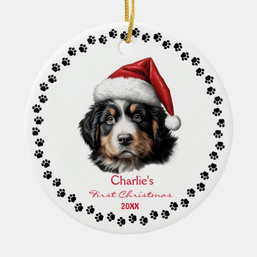 Schattigee Berner Berghond Santa Hat Paw Custom Keramisch Ornament (Voorkant)
