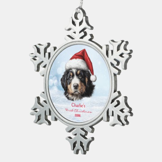 Schattigee Berner Berghond Santa Hat Paw Custom Tin Sneeuwvlok Ornament (Rechts)