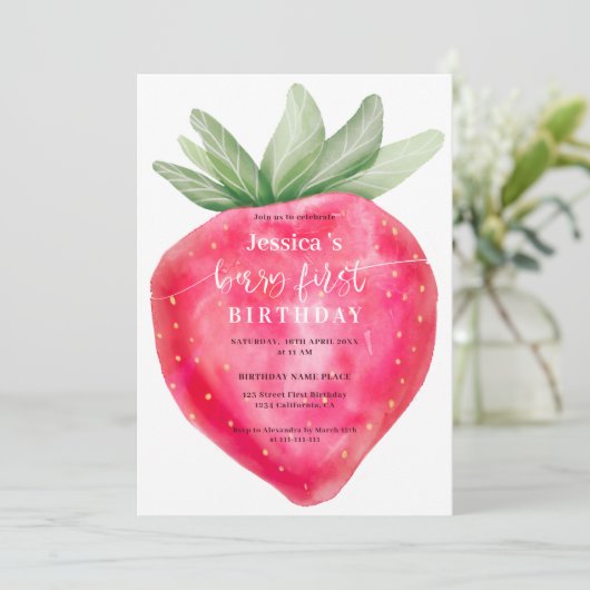 Schattigee Berry Eerste Verjaardag waterverf Aardb Kaart (Staand voorkant)