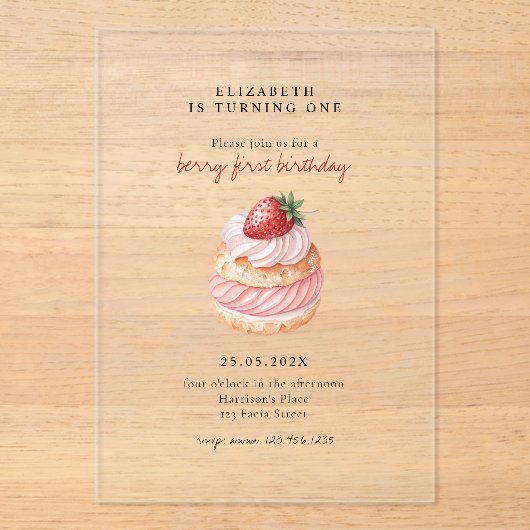 Schattigee Berry Sweet Pink eerste verjaardag Acryl Uitnodigingen (Voorkant)