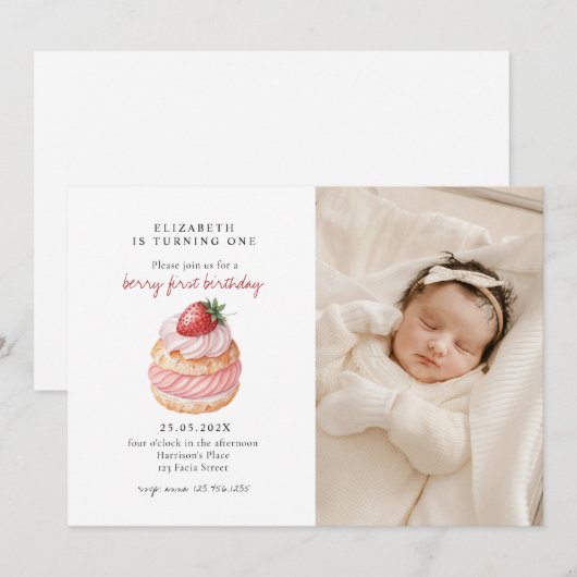 Schattigee Berry Sweet Pink Eerste Verjaardag Foto Kaart (Voorkant / Achterkant)