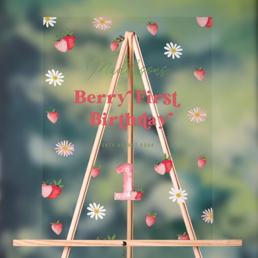 Schattigee bessen eerste verjaardag meisjes aardbe acryl bord (Neutraal)