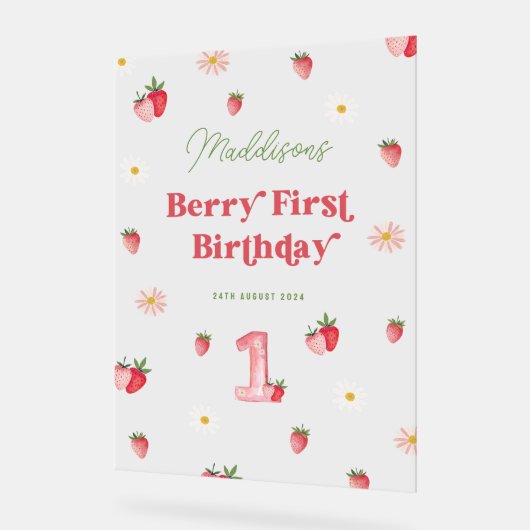 Schattigee bessen eerste verjaardag meisjes aardbe acryl bord (Hoek)