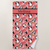 Schattigee betegelde strandpinguïns Naam toevoegen Strandlaken (Voorkant)