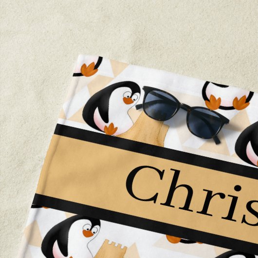 Schattigee betegelde strandpinguïns naam toevoegen strandlaken (In situ)