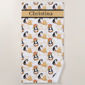 Schattigee betegelde strandpinguïns naam toevoegen strandlaken (Voorkant)