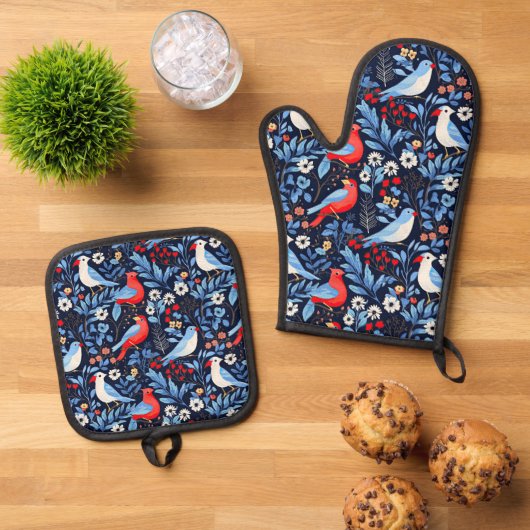 Schattigee betegelde wintervogels ovenwant & pannenlap set (Top down)