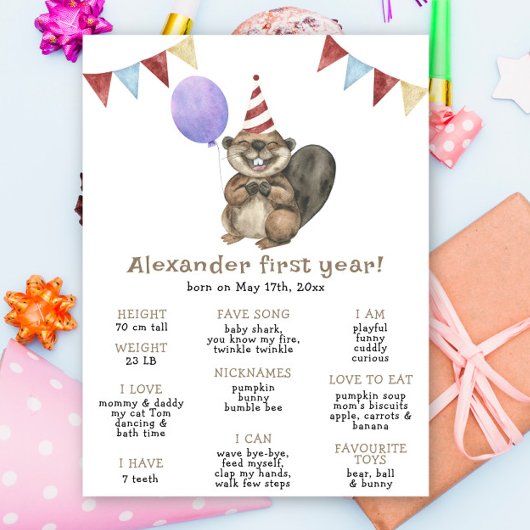 Schattigee bever eerste verjaardag mijlpaal verjaa poster