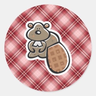 Schattigee bever; rood geruite ronde sticker