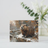 Schattigee bever tijdens winterolieverfschilderij briefkaart (Staand voorkant)