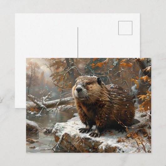 Schattigee bever tijdens winterolieverfschilderij briefkaart (Voorkant / Achterkant)
