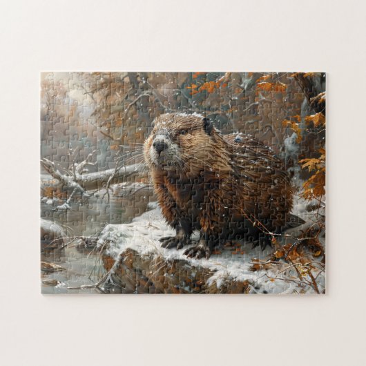 Schattigee bever tijdens winterolieverfschilderij legpuzzel (Horizontaal)