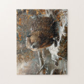 Schattigee bever tijdens winterolieverfschilderij legpuzzel (Verticaal)