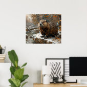 Schattigee bever tijdens winterolieverfschilderij poster (Thuiskantoor)