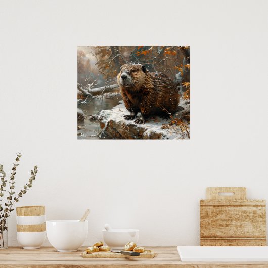 Schattigee bever tijdens winterolieverfschilderij poster (Keuken)