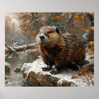 Schattigee bever tijdens winterolieverfschilderij