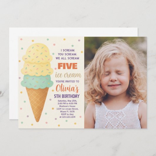 Schattigee bewerkbare Ice Cream Party Invitation Kaart (Voorkant / Achterkant)