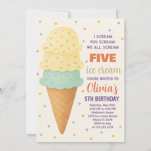 Schattigee bewerkbare Ice Cream Party Invitation Kaart (Voorkant)