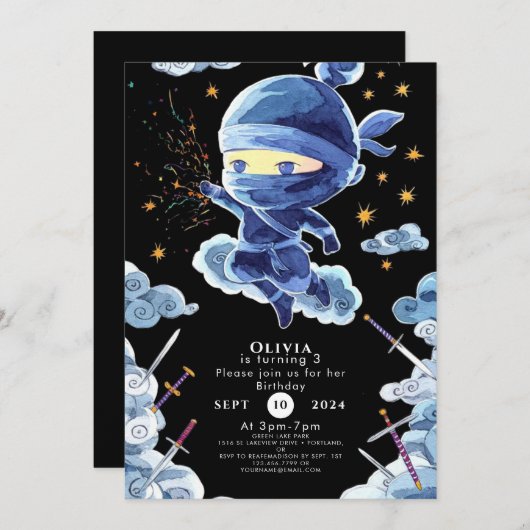 Schattigee bewerkbare Ninja Verjaardag Kaart (Voorkant / Achterkant)