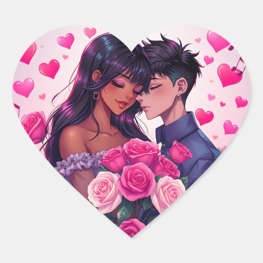 Schattigee bi-raciale anime-Valentijnsdag Hart Sticker (Voorkant)