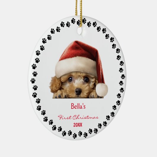 Schattigee Bichon Frise Dog Santa Hat Eerste Kerst Keramisch Ornament (Rechts)