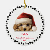 Schattigee Bichon Frise Dog Santa Hat Eerste Kerst Keramisch Ornament (Voorkant)