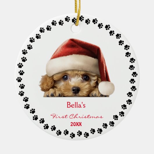 Schattigee Bichon Frise Dog Santa Hat Eerste Kerst Keramisch Ornament (Voorkant)