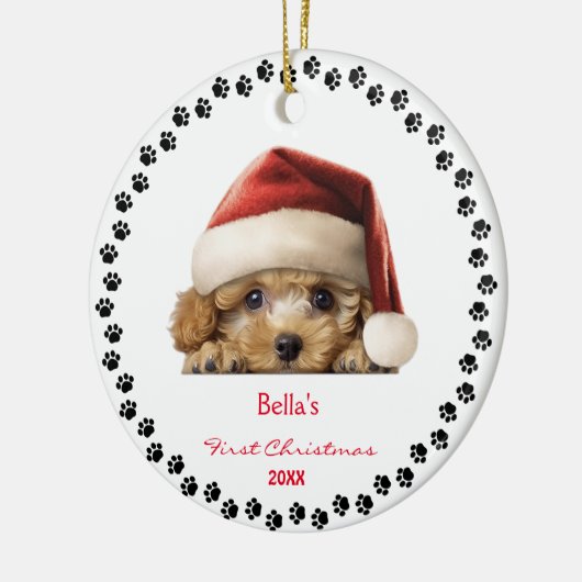 Schattigee Bichon Frise Dog Santa Hat Eerste Kerst Keramisch Ornament (Links)