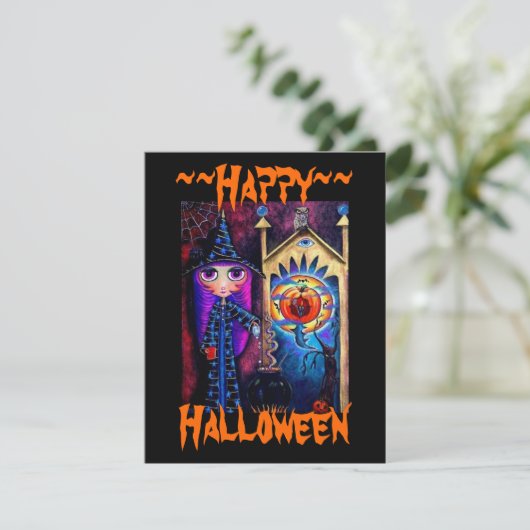 Schattigee Big Eye Witch met ketel & Uil Alchemy Kaart (Staand voorkant)