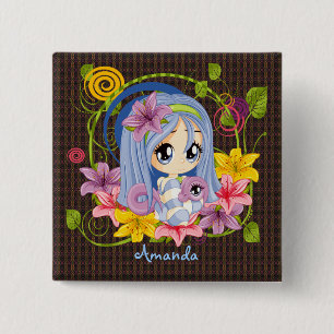 Schattigee Big Eyed Chibi Dragon Fairy Vierkante Button 5,1 Cm