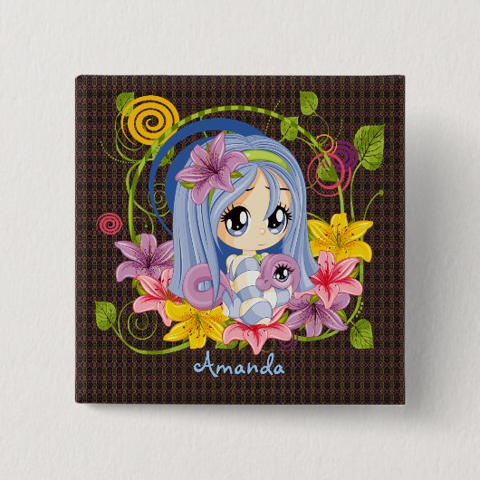 Schattigee Big Eyed Chibi Dragon Fairy Vierkante Button 5,1 Cm (Voorkant)