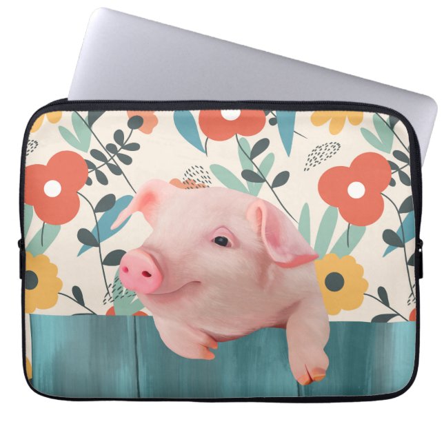 Schattigee biggen en vrolijke bloesems laptop sleeve (Voorkant)