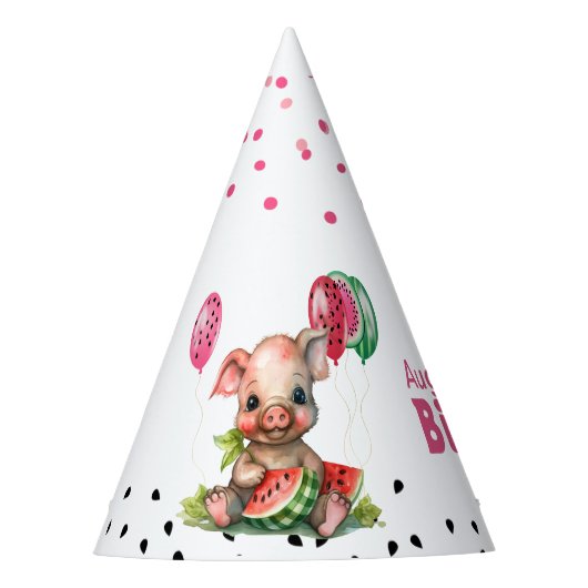 Schattigee biggetje eten watermeloen verjaardag feesthoedjes (Voorkant)