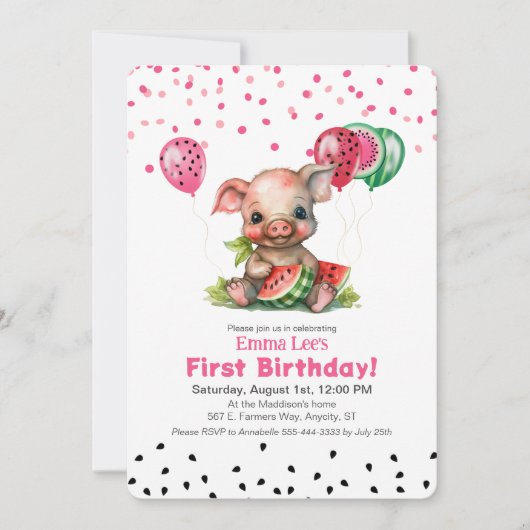 Schattigee biggetje eten watermeloen verjaardag kaart (Voorkant)