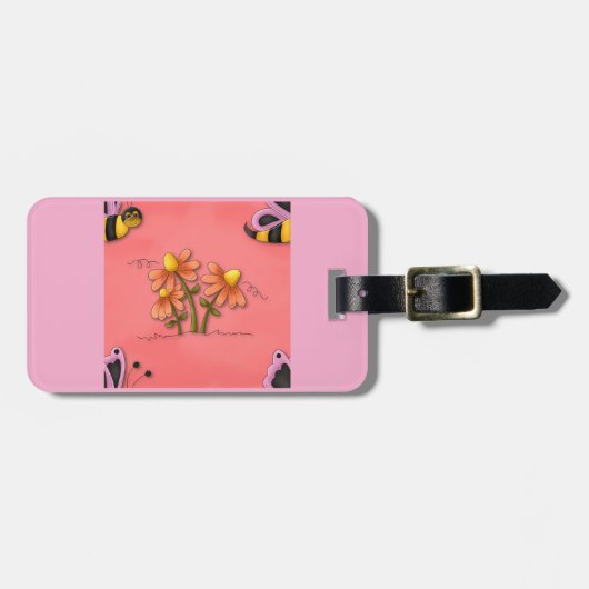 Schattigee bij en bloemenroze voorjaarstuin bagagelabel (Voorkant horizontaal)