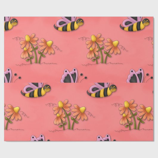 Schattigee bij en bloemenroze voorjaarstuin cadeaupapier (Vlak)