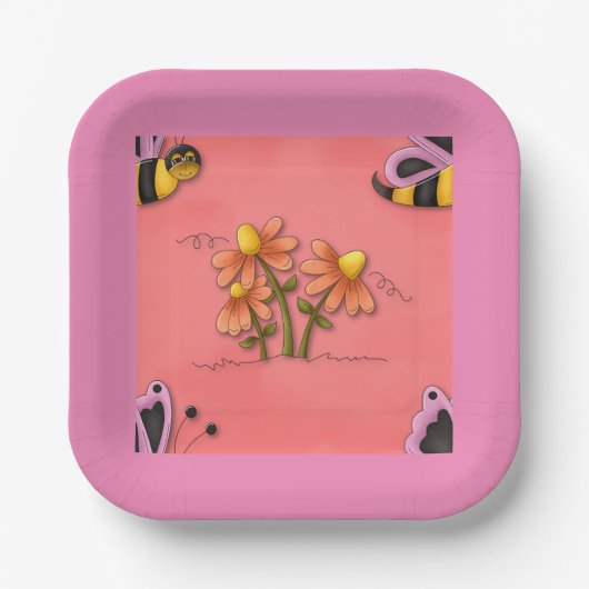 Schattigee bij en bloemenroze voorjaarstuin papieren bordje (Voorkant)